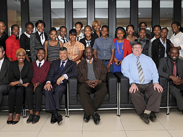 Prof Rensburg congratulates UJ ladies football team for snatching the Varsity Cup title