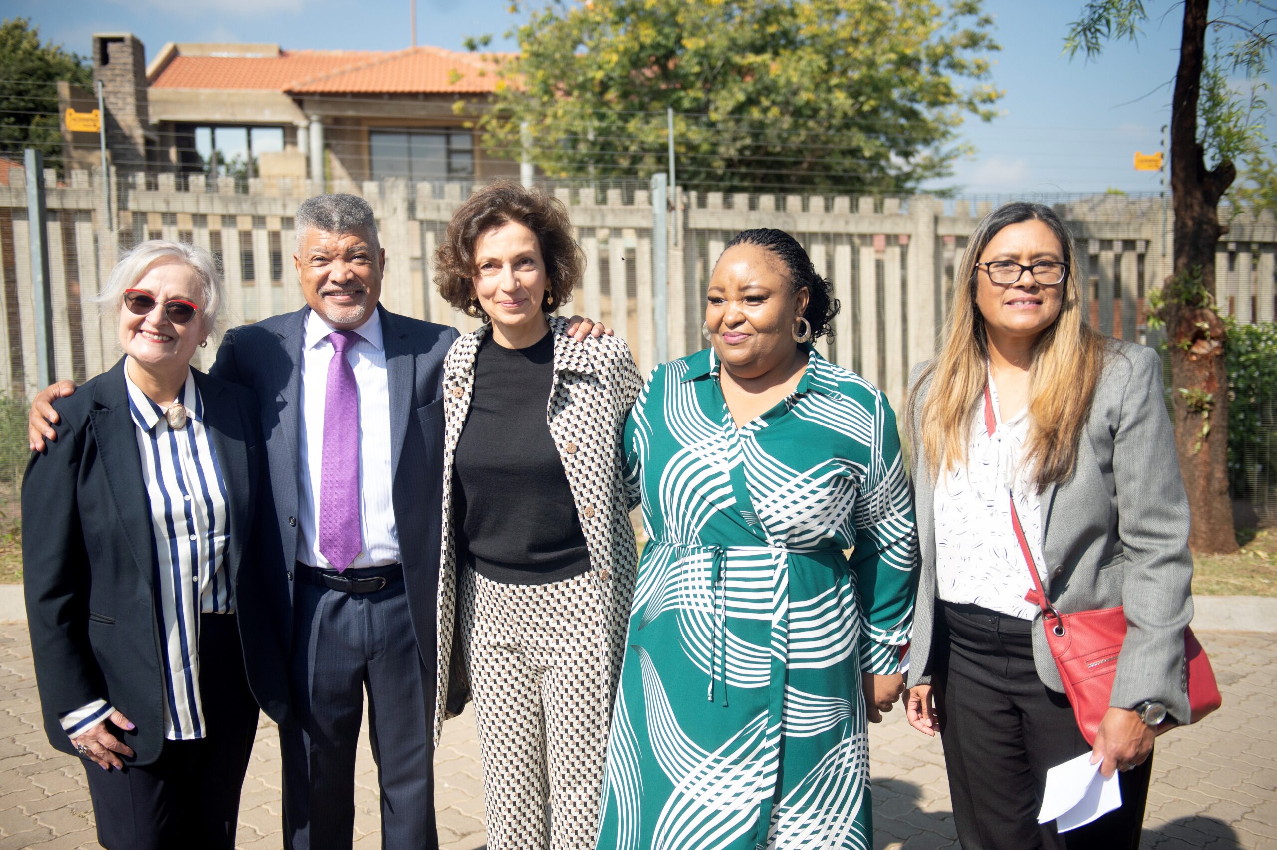 L-R: Prof Sarah Gravett, Prof Ihron Rensburg, Ms Audrey Azoulay, Ms Sabina Lukhuleni and Prof Nadine Petersen. Photo: UJ