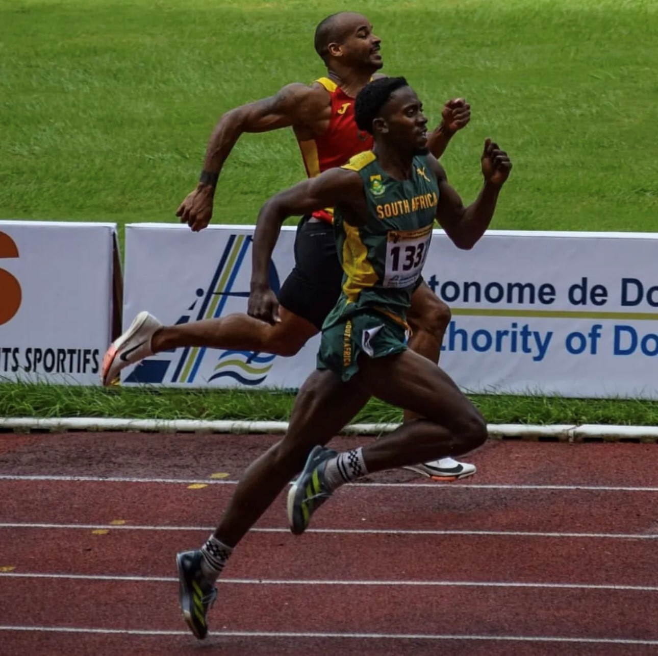 Sabelo Dlamini runs the semifinal of the 400m hurdles in Yaounde, Cameroon during the Senir African Athletics Championship