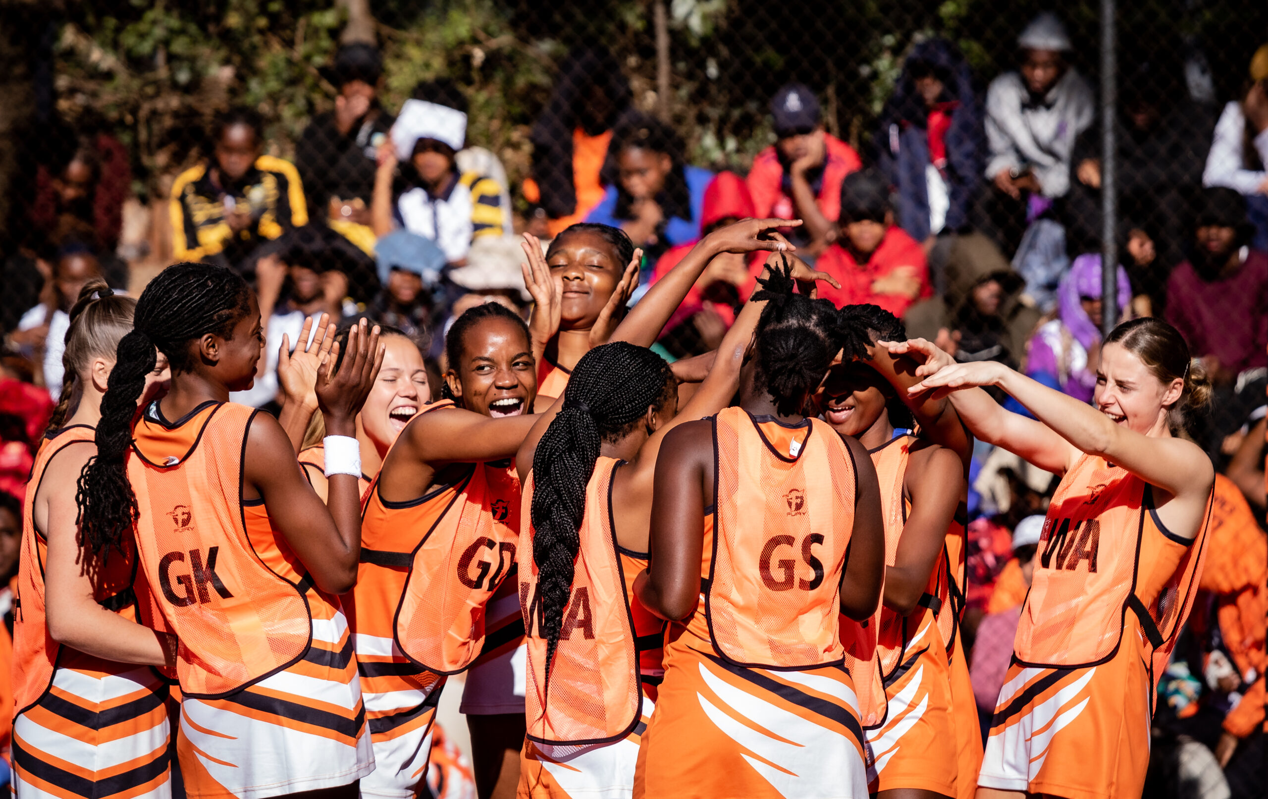 UJ Senior Women's Netball Team players celebrate winning a match during the 2024 USSA Netball tournament at UJ Netball Courts in Westdene. Photo by Thabo R