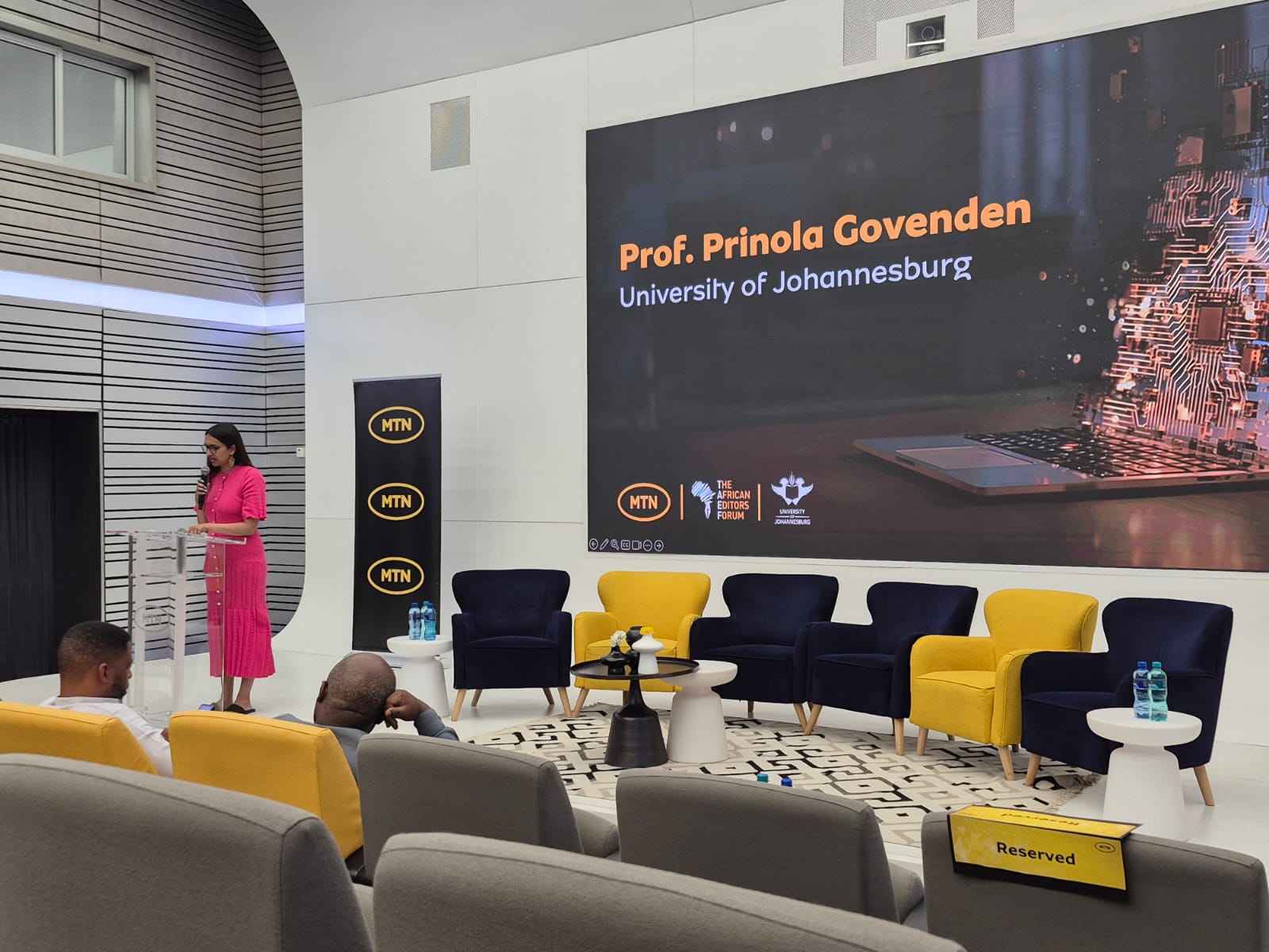 Prof Prinola Govenden speaking at the launch, on the role of UJ as the academic partner