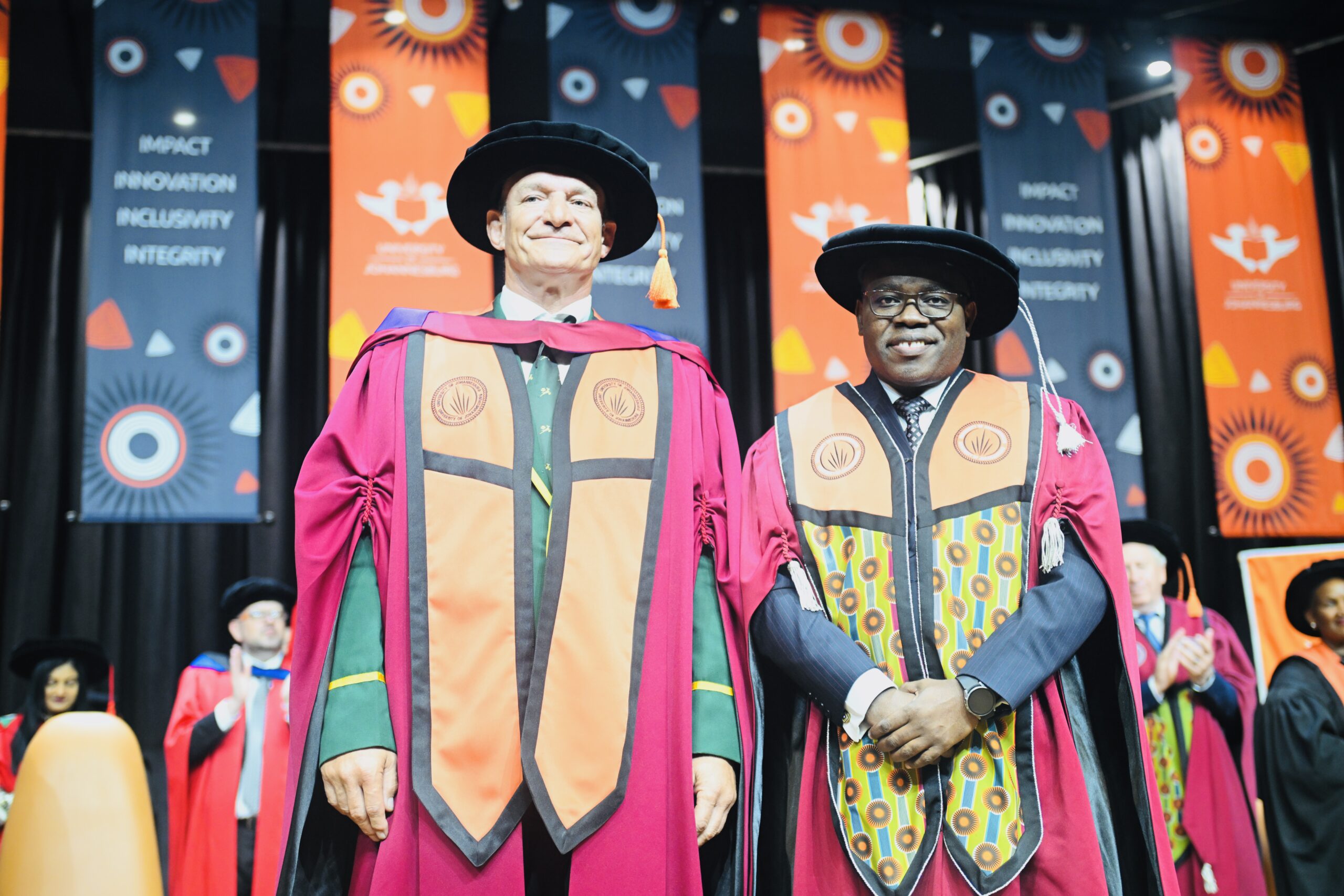 L-R: Honorary Doctorate recipient Francois Pienaar with UJ Vice-Chancellor and Principal, Professor Letlhokwa Mpedi. Image: University of Johannesburg