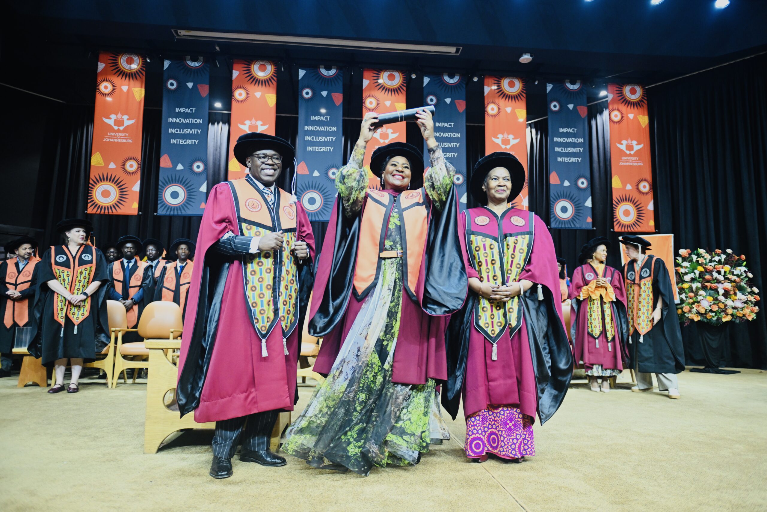 UJ Vice-Chancellor and Principal Professor Letlhokwa Mpedi , Ms Tryphosa Ramano and UJ Chancellor Dr Phumzile Mlambo-Ngcuka