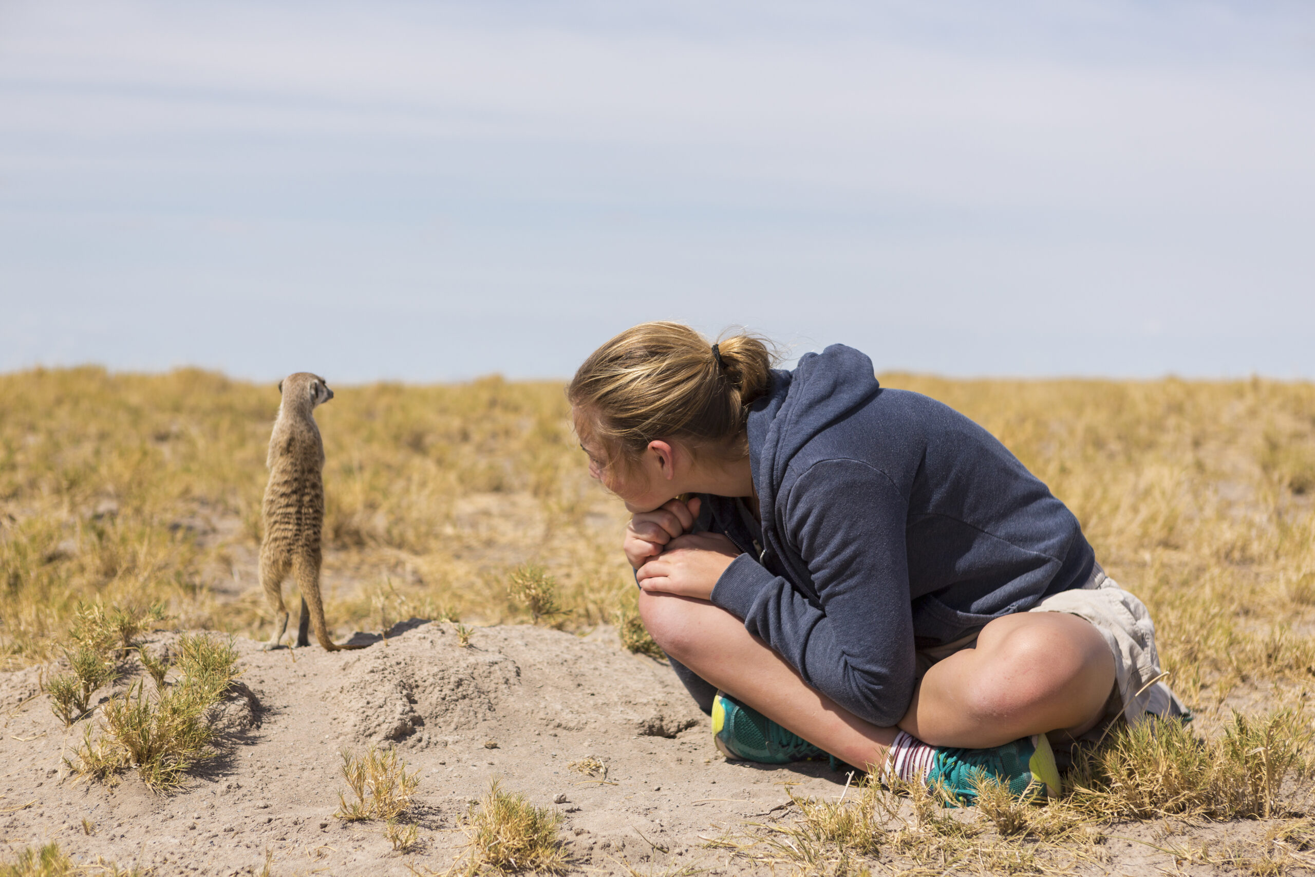 Person crouching on sandy, dry ground in a barren field, facing a standing meerkat nearby.