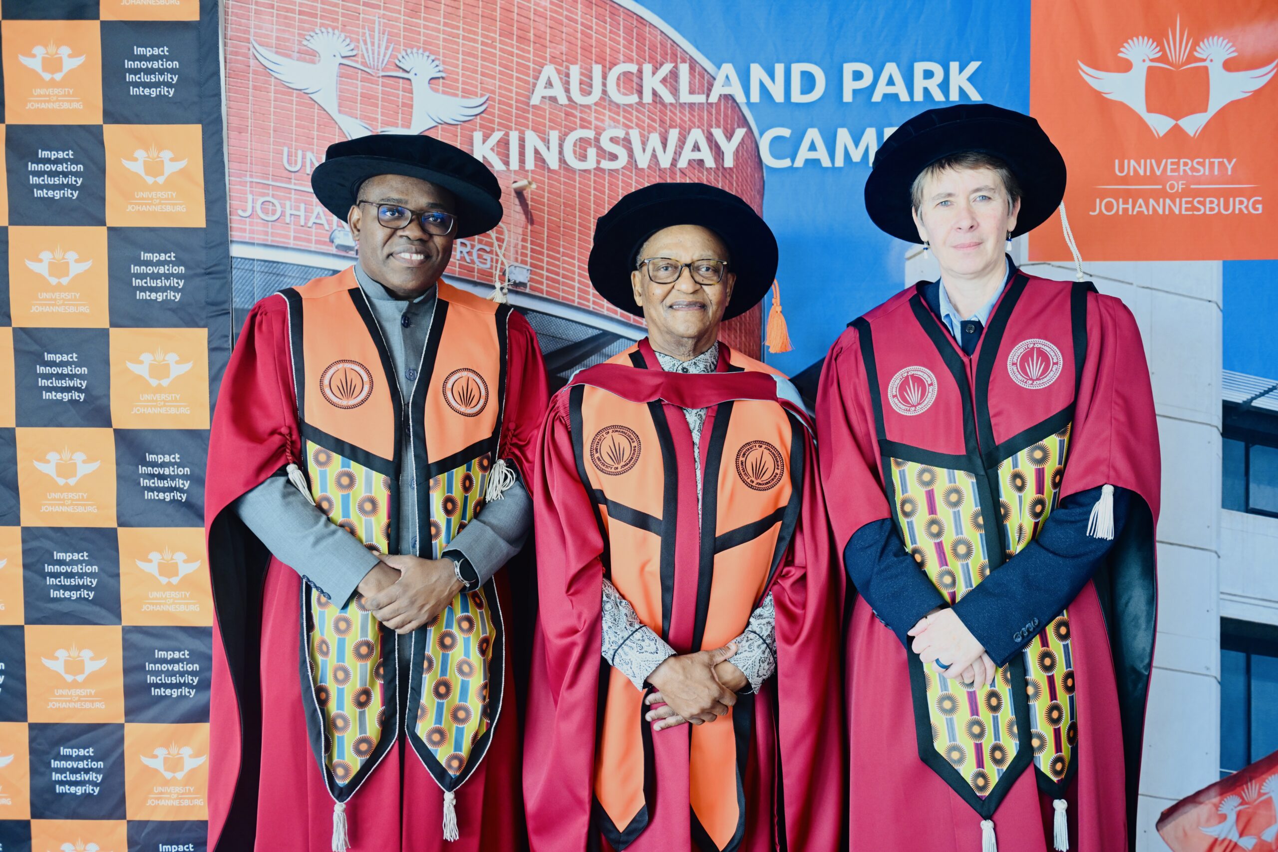 L-R: Vice-Chancellor and Principal, Professor Letlhokwa Mpedi, Professor Ndebele and Registrar  Professor Bettine van Vuuren. Photo: University of Johannesburg/Nokuthula Mbatha