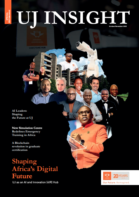 Magazine cover for UJ Insight, Oct/Nov 2025, showcasing a collage of diverse professionals forming the map of Africa on a dark background, with the orange headline "Shaping Africa’s Digital Future".