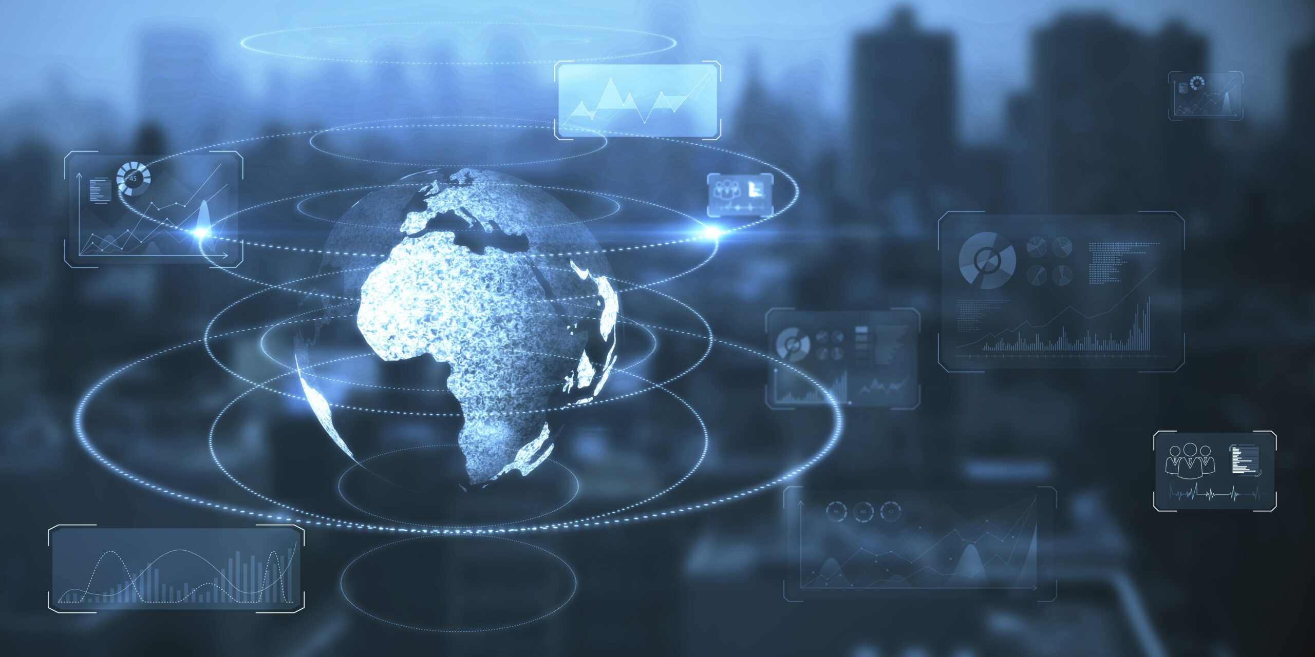 Blue-toned globe with orbiting data panels and graphs over a blurred cityscape, representing global data networks.