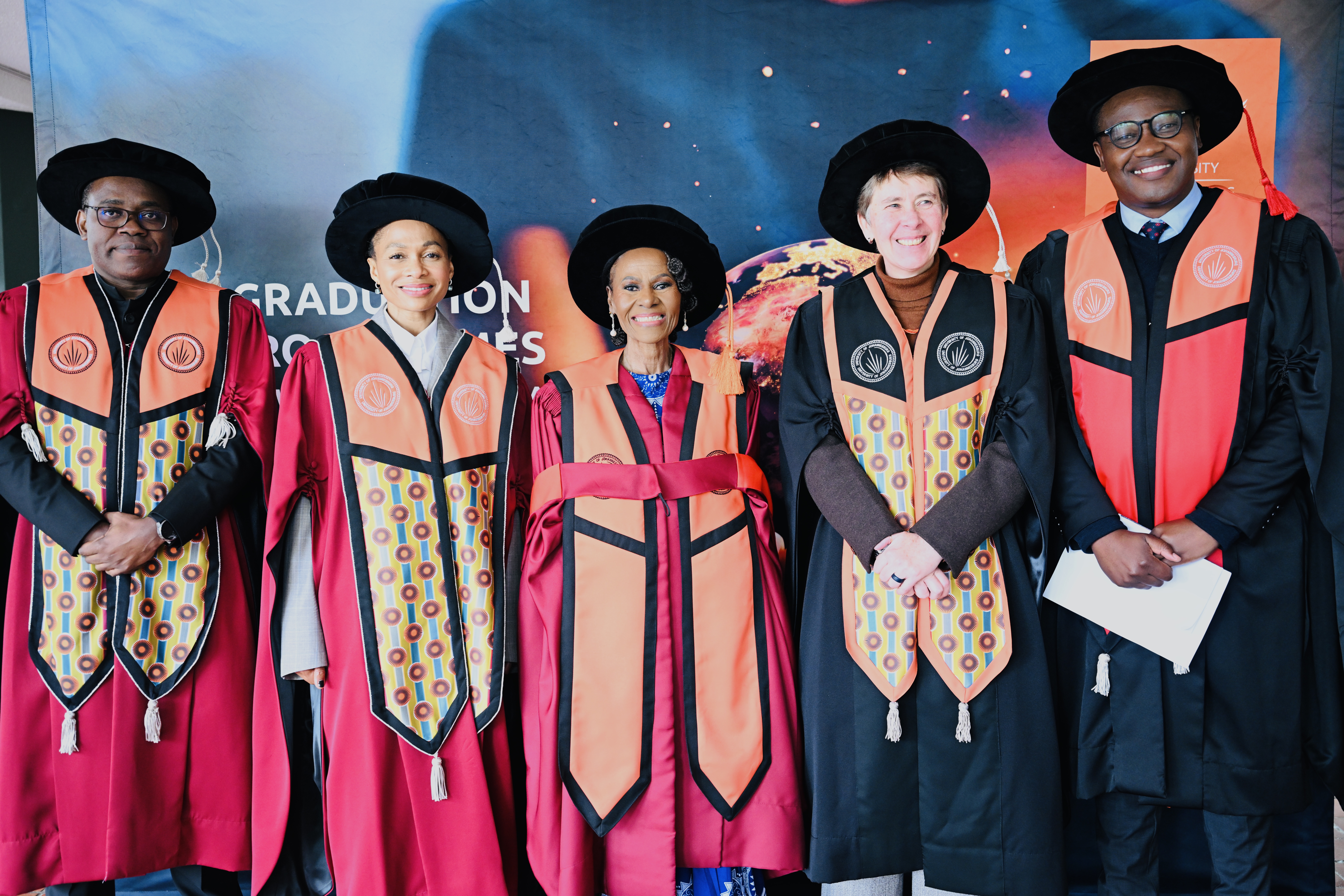 From left to right: UJ Vice-Chancellor Prof Letlhokwa Mpedi, , UJ Chair of Council Dr Yondela Ndema, Justice Sisi Khampepe, UJ Registrar Prof Bettine van Vuuren, Faculty of Law Dean Prof Charles Maimela
