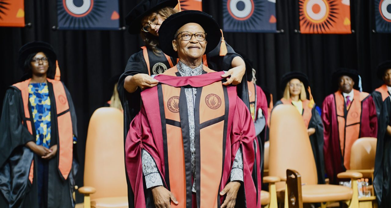 Professor Njabulo Ndebele during the ceremony, receiving his Honorary Doctorate. Photo: University of Johannesburg/Nokuthula Mbatha